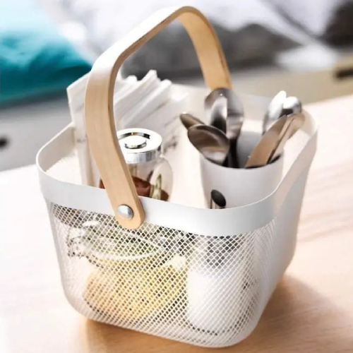 White Iron Mesh Basket with Wooden Handle
